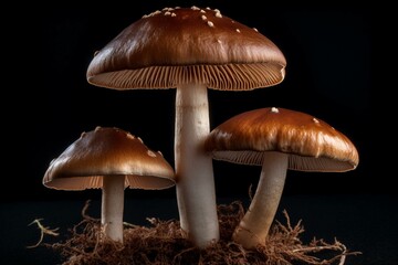 Three isolated brown mushrooms with transparent background. Generative AI