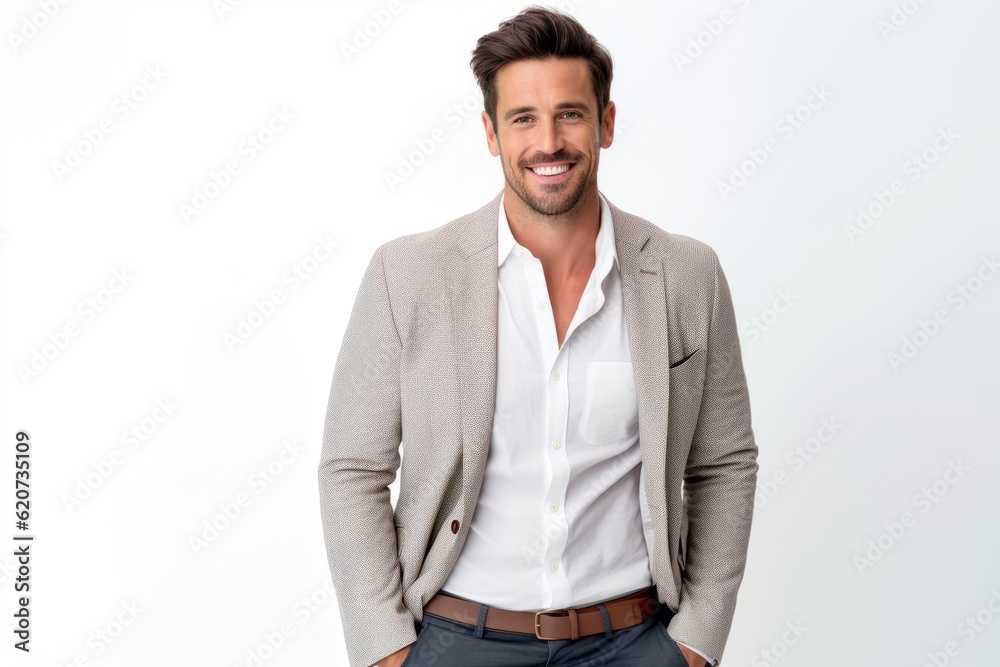 Canvas Prints portrait of handsome man smiling and looking at camera against white background