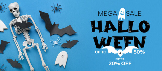 Banner for Halloween sale with skeleton, bats and ghost on blue background