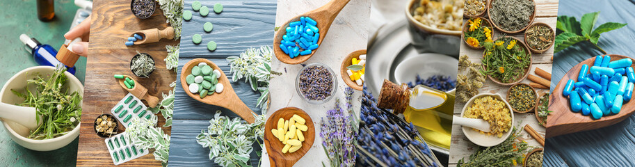 Collage of plant based pills and essential oils