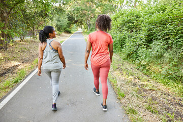 Black girlfriends walking and talking in nature together