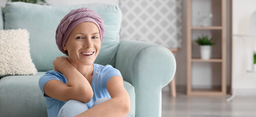 Fototapeta na wymiar Happy woman after chemotherapy at home