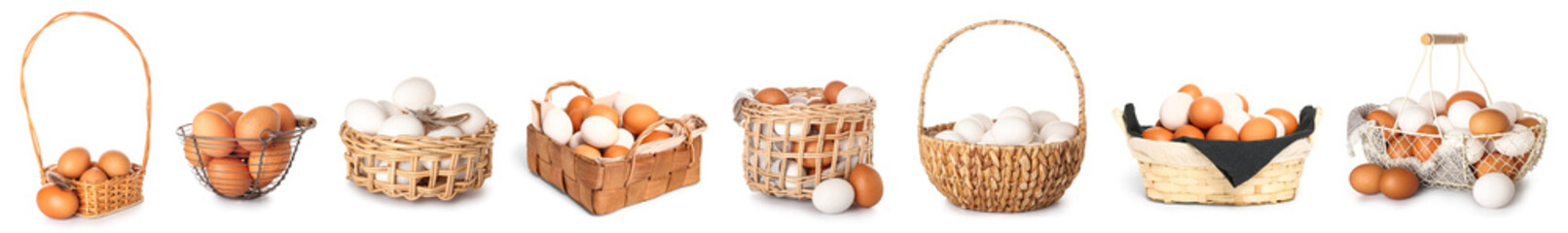 Collage of baskets with chicken eggs on white background - Powered by Adobe