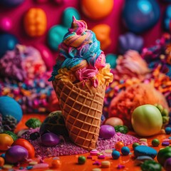 Fototapeta na wymiar A waffle ice cream cone filled with a delicious freshly made colorful ice cream. Vibrant ice cream in a waffle cone. Happy background for kids with lots of colors.