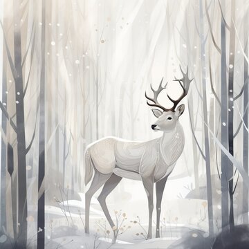 Beautiful white deer winter illustration, snow covered woods art