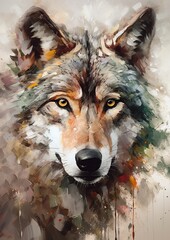 Abstract wolf painting, earthy colors, pastel painting style .Oil wolf portrait painting in multicolored tones. Generative AI