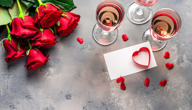 Valentines day table setting red roses and champagne glasses on concrete background. Valentine 's greeting card - Image