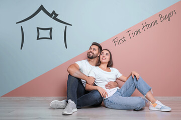 Home buyers. Young couple dreaming about their first house. Illustration of accommodation