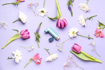 Asthma inhaler with flowers on lilac background