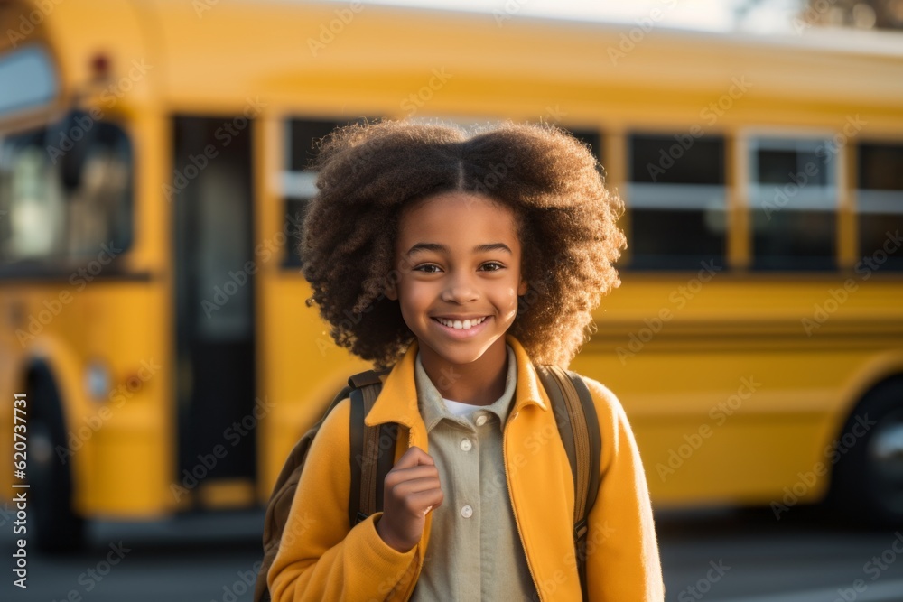 Canvas Prints a girl of african american appearance on a blurred background of the bus. back to school concept