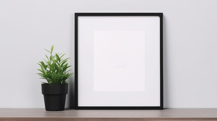 A picture frame and potted plant on a shelf