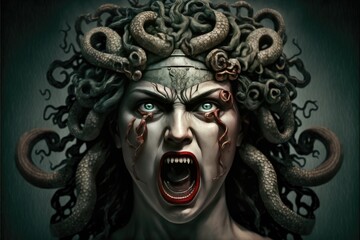 Demonic enraged Medusa screaming with mouth open. Isolated background. Close up.