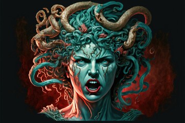 Enraged Medusa bust with snakes in hair and mouth open