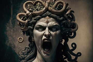 Medusa statue head with extreme anger facial expression. Close up. Front view.