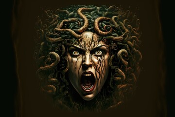 Snake haired female demon face with open mouth expressing rage - obrazy, fototapety, plakaty