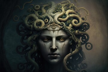 Stone statue of Medusa head with snake coil hair