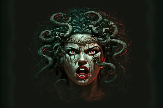 Angry Medusa demon depiction on isoalted background