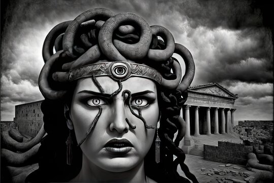 Medusa head with ancient Greece background. Black and white.