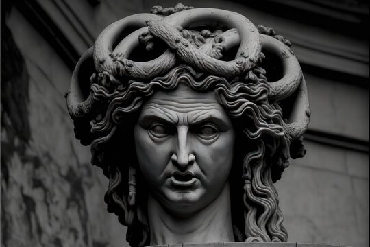 Medusa Gorgon snake-haired head bust made of stone. Black and white.