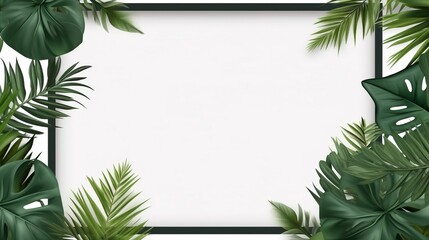 A square frame with tropical leaves surrounding it