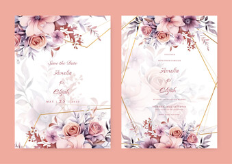 Summer Wedding invitation card set template with flowers and leaves watercolor