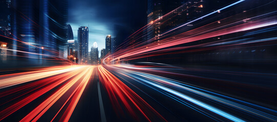 Long exposure dynamic speed light trails on street texture, Abstract fast light trails in urban traffic at night background
