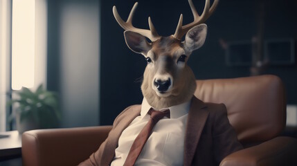 deer wearing formal business suit like a boss in the office: corporate Excellence Personified! Business concept, CEO, accountant, lawyer, writer, teacher, guru, executive. generative ai