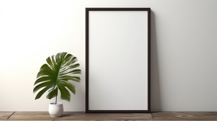 A plant in a white vase next to an empty picture frame