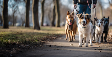Dog walker Group of Dogs Walking on a Leashes in the Park