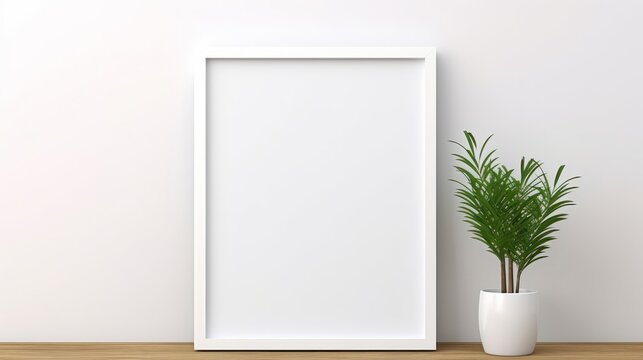 A white picture frame next to a potted plant © LabirintStudio