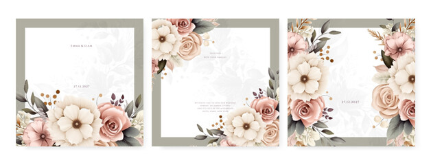 Watercolor vector set of wedding invitation card templates.