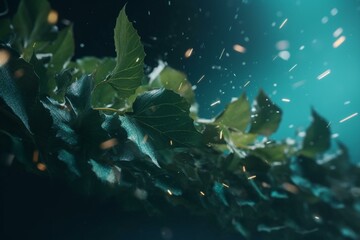 Green leaves and sparkles sway in a swirling wind. 3D art. Generative AI