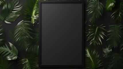 A black frame surrounded by green leaves