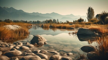 Fototapeta na wymiar Timeless Serenity: Captivating vistas of nature's charm in the calm embrace of water, mountains, and skies, generative AIAI Generated