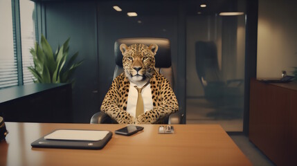 Jaguars wearing formal business suit like a boss in the office: corporate Excellence Personified! Business concept, CEO, accountant, lawyer, writer, teacher, guru, executive. generative ai