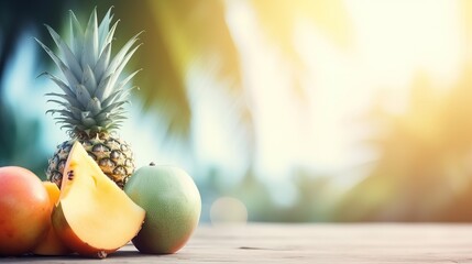 Exotic fruits on a wooden table with blurred summer background. Free space. Mock-up. Space for text, copy space. generative AI