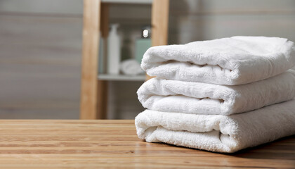 White clean towels on wooden table in bathroom. Space for text