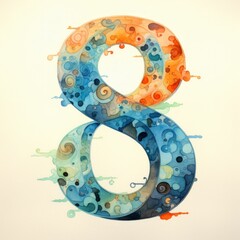 Watercolor Colorful Numbers Illustration. Number Eight 8. Isolated on blank background. Generative AI.