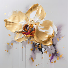 Abstract floral oil painting. Gold and yellow orchid on white background
