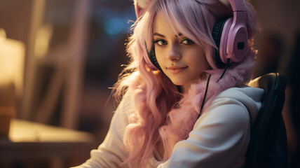Fototapeta premium Enchanted Gaming: Female Gamer Immersed in Streaming
