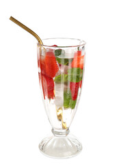 Glass of fresh lemonade with strawberry and mint on white background
