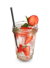 Glass of fresh lemonade with strawberry and mint on white background