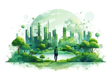 Graphic illustration of a person stepping into green city, sustainability, urban planning, city planning, future city, climate change, urbanization, renewable energy, green energy. Generative AI