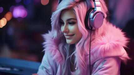 Fototapeta premium Enchanted Gaming: Female Gamer Immersed in Streaming