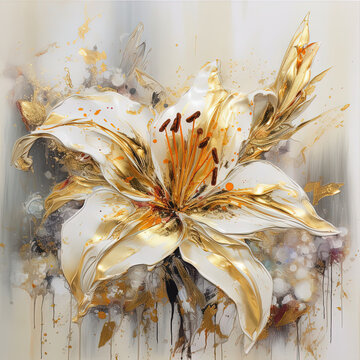 Abstract Floral Oil Painting. Gold And Yellow Lily On White Background