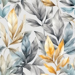 Luxury leaves banner. Floral horizontal ornament for cover, wallpapers, postcards. Elite seamless exotic,  tropical plant. Elegant leaves. Interior, textile. Cartoon illustration.  Gray, blue, gold