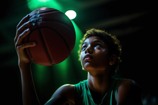 A boy plays basketball in the light of spotlight beams. He is tense and focused before the shot