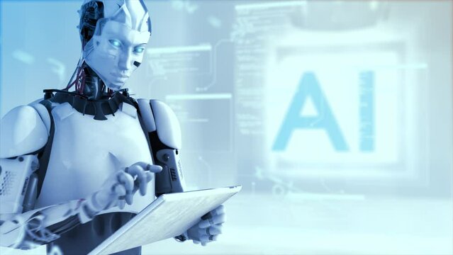 High quality rotating CGI shot of a humanoid AI robot using an iPad style tablet with mathematical equations and scrolling data in the air around him, in cold blue color scheme