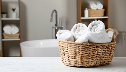 Wicker basket with white towels on table in bathroom. Space for text