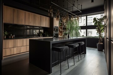 Modern kitchen with stainless steel appliances, black countertops and cabinets, and island with black countertop and stools. Generative AI - obrazy, fototapety, plakaty